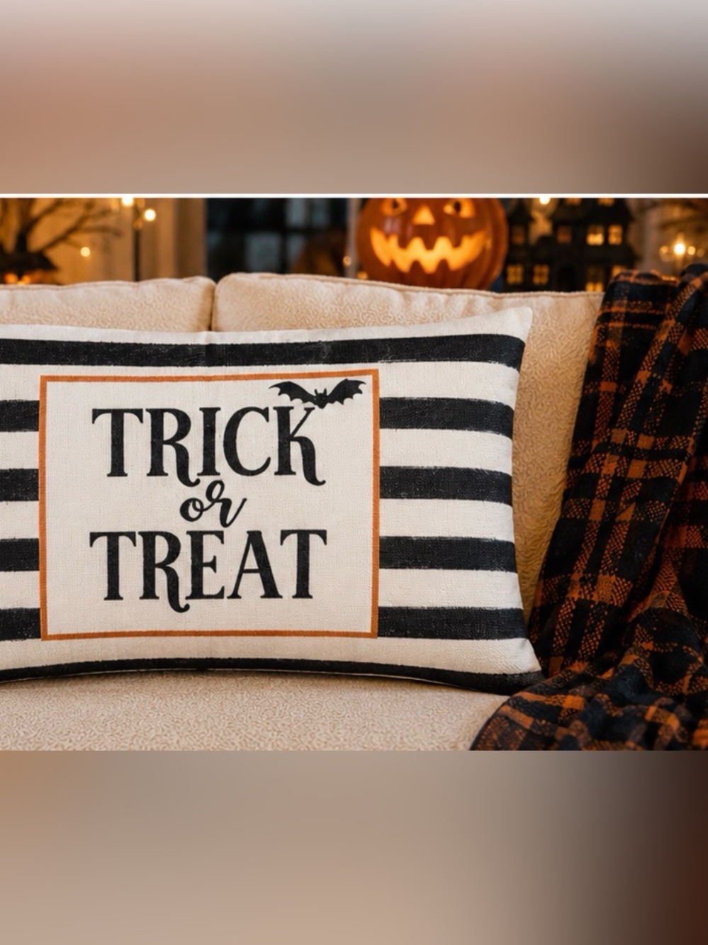 Halloween Trick or Treat with Bat linen Pillow Cover